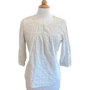 Charter Club Cotton White 3/4 Sleeve Eyelet Peasant Blouse, Boho, Size 16